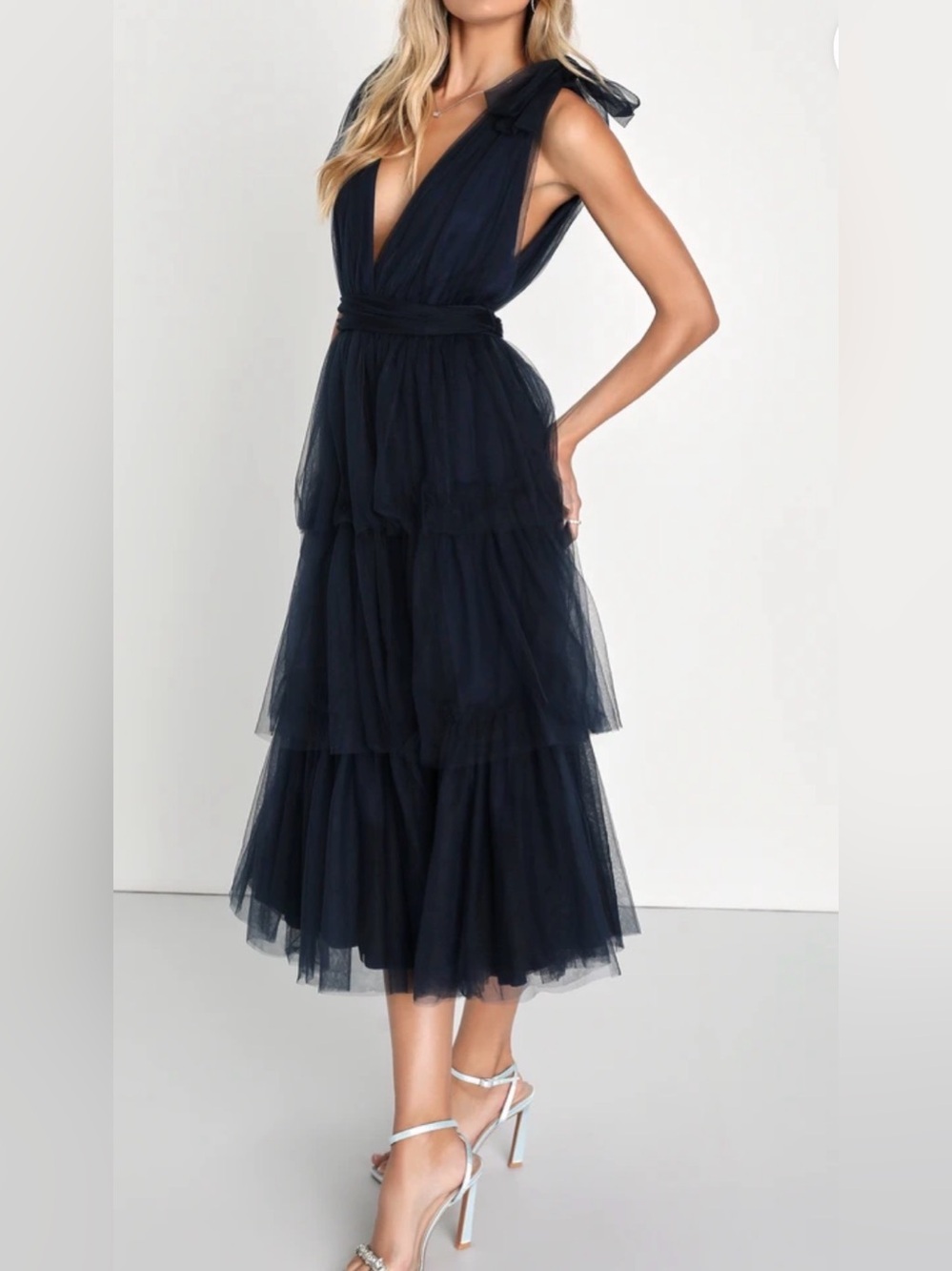 NWT Flawless Arrival Navy Blue Tulle Tie-Strap Tiered Maxi Dress size medium
